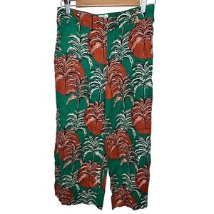 Nicole Miller New York Womens Green Tropical Palm Print 100% Linen Pants Size M